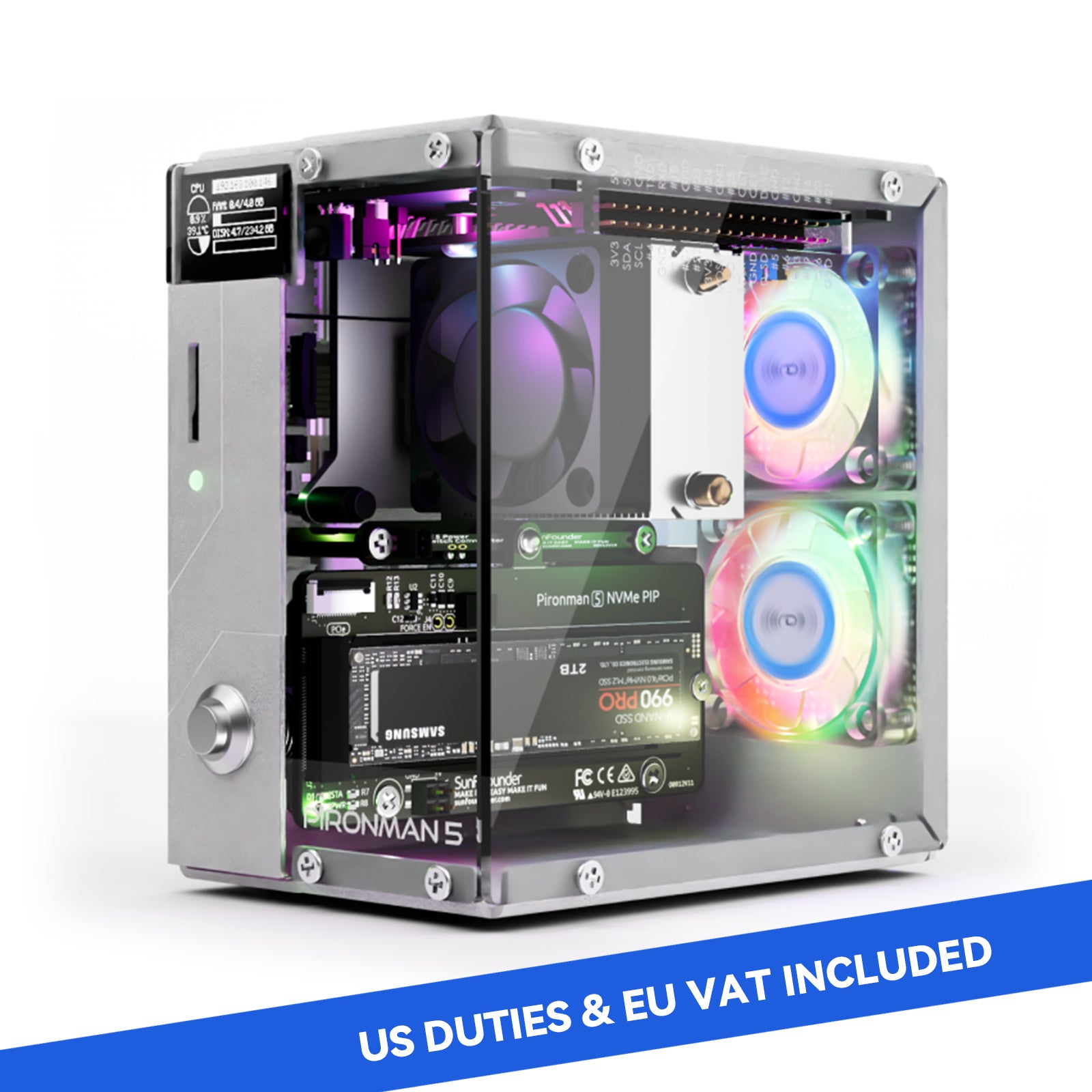 Pironman 5 NVMe M.2 SSD PCIe 2.0/3.0 Mini PC Case for Raspberry Pi 5 Hailo-8L AI accelerator with Tower Cooler+Dual RGB Fans（No Import Duties — Taxes Included for US & EU!） - SunFounder