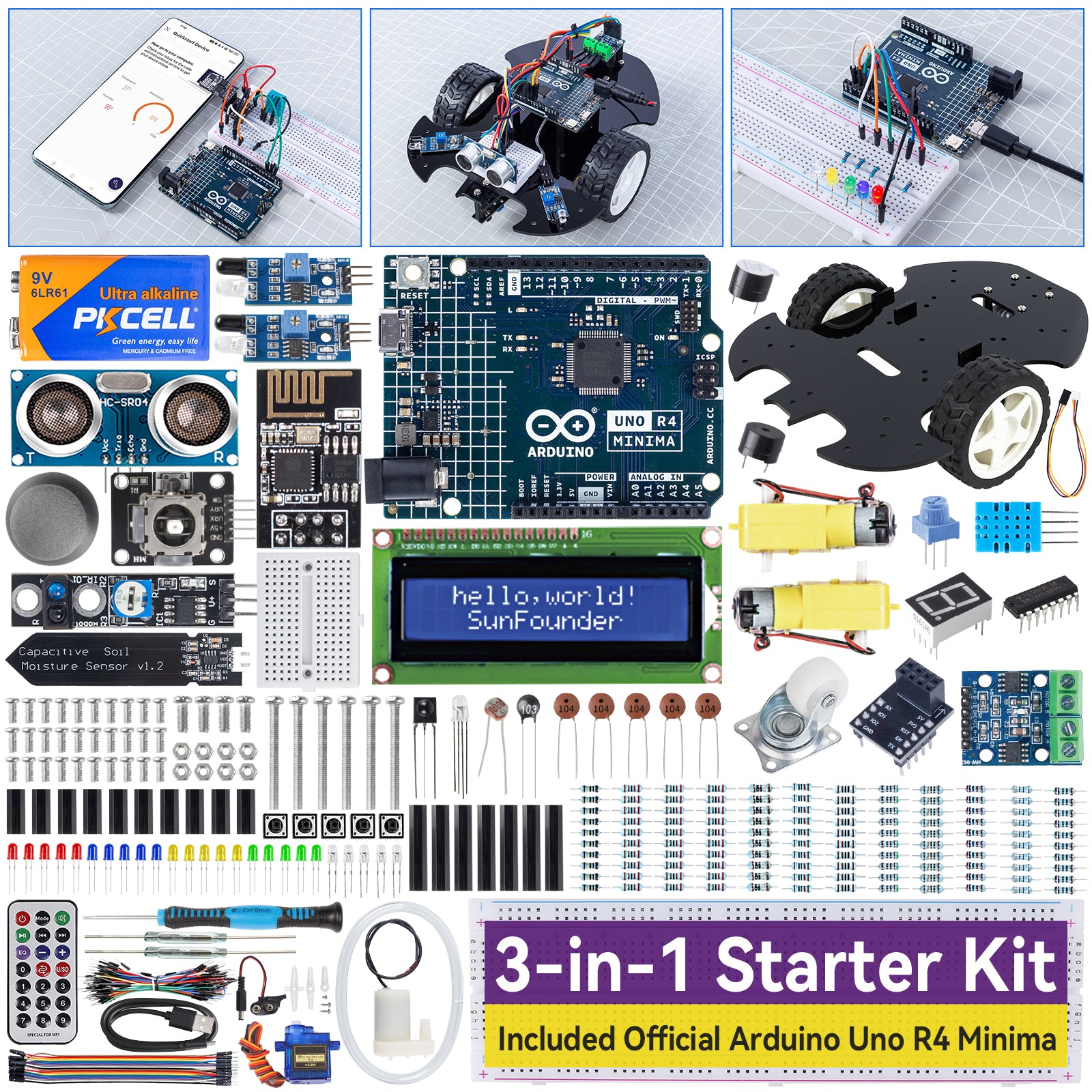SunFounder 3-in-1 Super Starter Kit with Original Arduino Uno R4 Minima, IoT&Smart Car Projects, ESP8266 WiFi, Battery, 50+ Step-by-Step Tutorials for Beginners to Engineers, RoHS Compliant - SunFounder