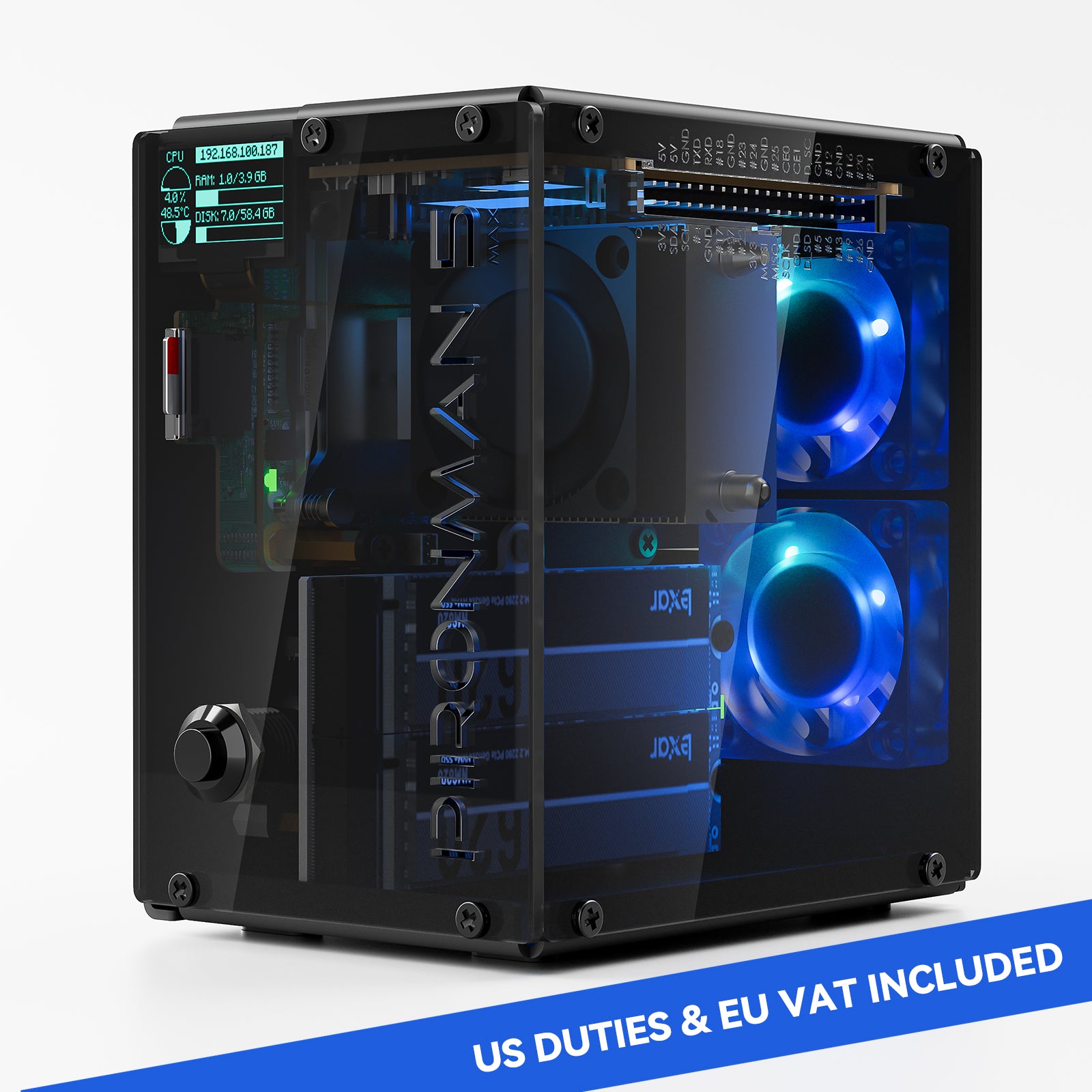 Pironman 5-MAX Dual NVMe M.2 SSD PCIe PC Case for Raspberry Pi 5 NAS RAID 0/1 Hailo-8l M.2 AI Accelerator PWM Tower Cooler+Dual RGB Fans, 0.96'' OLED Module, Safe Shutdown, Standard HDMI, RGB LED, RTC - SunFounder